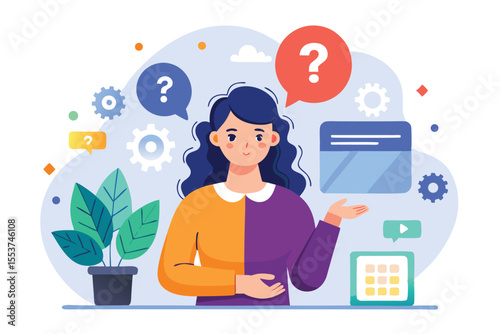 Female character engaging with various frequently asked questions while surrounded by plants and icons representing information and conversation