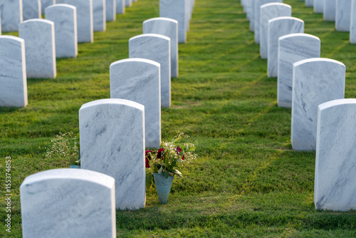 American national military cemetery with rows of white tomb stones on green grass lawn. Memorial Day concept