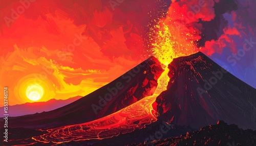 Fuego Volcano Erupting At Sunrise