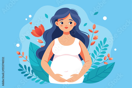 Cute vector illustration of a pregnant woman surrounded by colorful flowers and greenery in a cheerful atmosphere expressing joy and anticipation