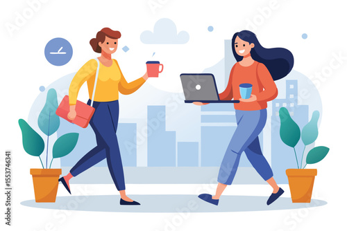 Two women enjoying coffee and conversation while walking through a lively urban setting during the day