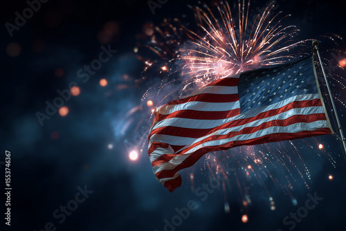 Independence Day - Usa Flag And Fireworks At Night - The USA are celebrating 4th of July. American flag on background with fireworks