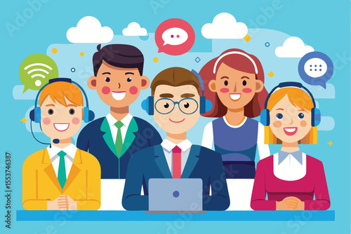 Office operators with cheerful expressions engaging in teamwork and communication through technology in a modern workspace setting