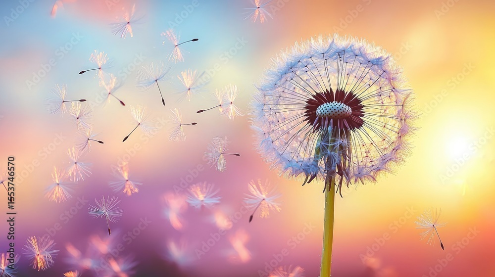 Naklejka premium Delicate dandelion seeds drifting in a pastel sunset.