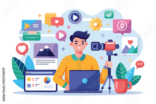 Creating engaging marketing content with social media strategies and flat illustrations to enhance visual storytelling in digital platforms