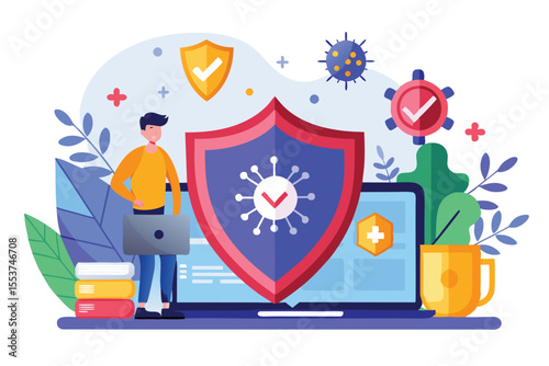 Protection from digital threats illustrated through antivirus software with a shield graphic, computer, and a user engaged in cybersecurity activities