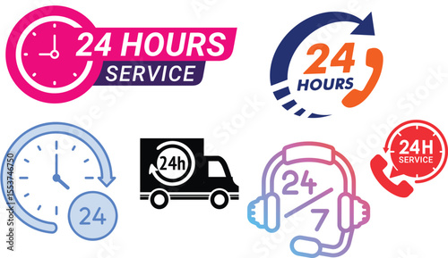 24 hours service icon, 24 7 support, customer service icon, 24h delivery, round the clock service, hotline icon, support call icon, clock icon, headset icon, 24h service logo, delivery van icon, 24 ho