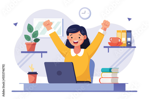 Celebrating success with joy, a woman completing her task and triumphing at a cozy workspace during the day