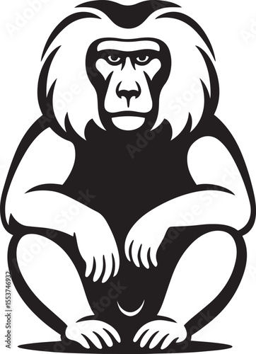 Baboon vector illustration black and white art, Wild animal sketch bold black design