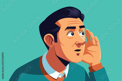 Curious man eavesdropping with hand to ear gesture, showcasing surprise and intrigue in a vector illustration