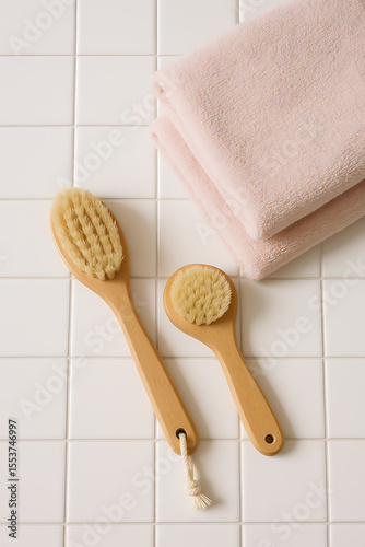 Two wooden bath brushes with natural bristles and folded pink towels on white bathroom tiles, promoting self-care and spa rituals