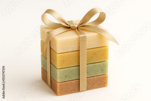 Elegant stack of natural, handmade soap bars in diverse pastel shades, beautifully wrapped with a golden ribbon, ideal for a luxurious gift