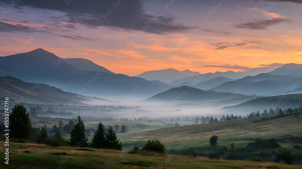 Obraz premium Colorful sunrise over misty mountains and valleys in tranquil landscape