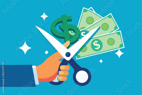 Giant hand holds scissors poised to cut dollar bills in a bold financial action reflecting economic decision-making and monetary control