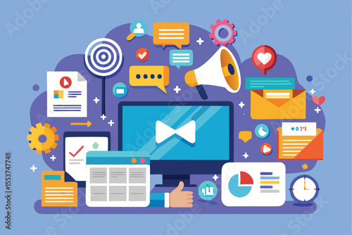 Digital marketing flat vector illustration showcasing various online advertising tools and elements with colorful graphics and tech icons