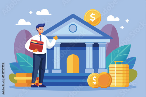 Bank worker assisting customers with credit card and coins in a financial institution during the day
