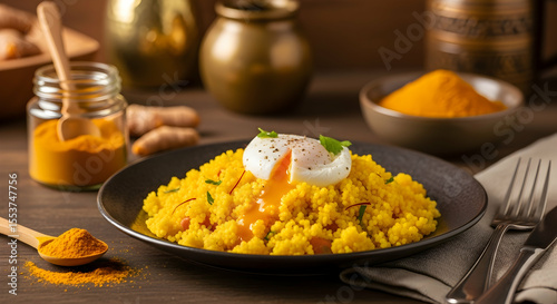 Aromatic turmeric couscous with poached egg, bright spices, and golden highlights
