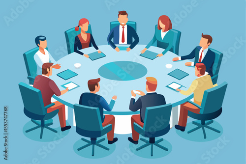 Politician engages in discussion with advisors at round table in modern boardroom setting during strategic planning session