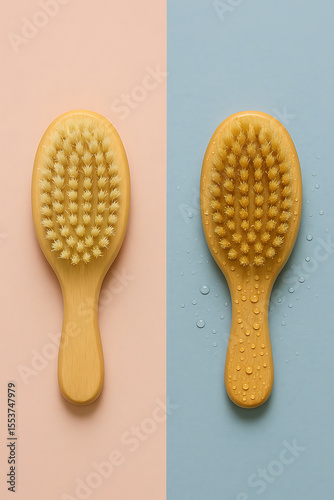 Small wooden baby bath brush for dry and wet use, featuring soft natural bristles on a split pink and blue background, ideal for gentle infant skin care