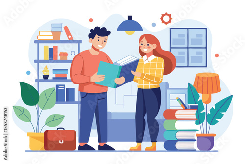 Cartoon characters discussing interior design concepts in a cozy workspace with bookshelves and houseplants