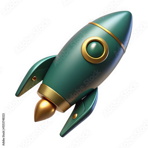 Retro style green rocket ship with gold accents isolated on transparent background