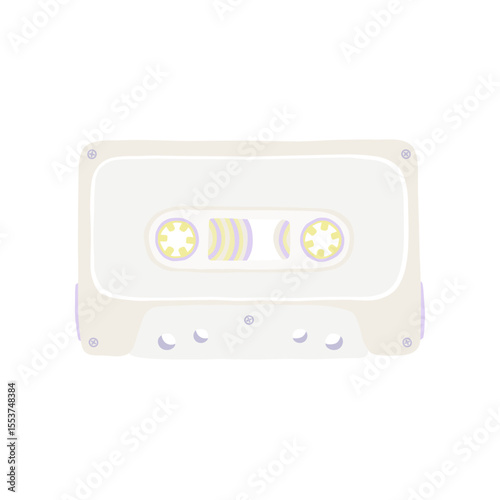 Illustration of an audio cassette tape with white beige colors and a cartoon cute flat design. Analog media for recording and listening to music.