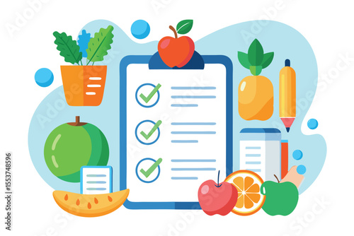 Healthy eating checklist featuring fresh food items and checkmarks on a vibrant background