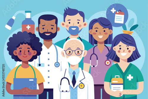Group of medical professionals including doctors and nurses in a bright, cheerful environment focusing on patient care and collaboration during a community health event