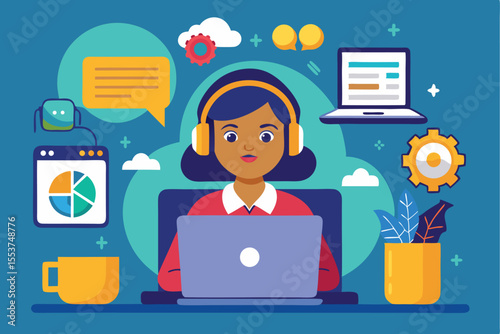 Tech support illustration showing a focused woman working on a laptop with elements representing communication and data analysis in a colorful workspace