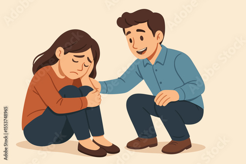 Man comforting sad depressed woman sitting on the floor. Friendship and support concept. Mental health, empathy, and compassion. Psychology help for anxiety, stress, and grief.
