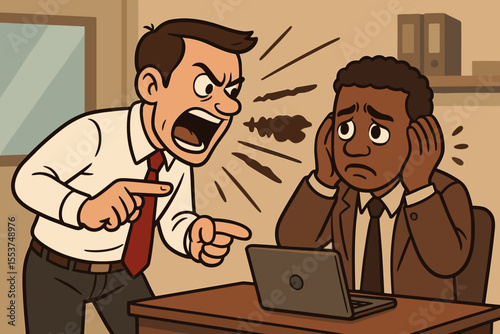 Angry boss shouting at a Black employee. Concept of workplace bullying, racial discrimination, and harassment. Vector illustration of verbal abuse, conflict, toxic work environment.