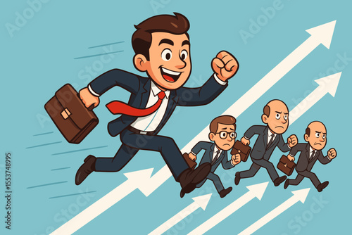 Winning the corporate race. Ambitious businessman running ahead of competitors. Metaphor for leadership, success, competition, and career growth. Vector cartoon business concept.