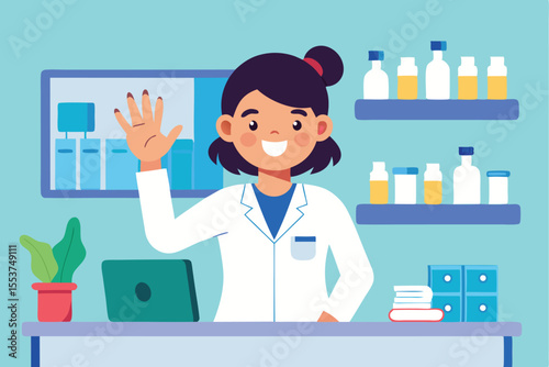 Smiling young pharmacist at pharmacy counter greeting customers during business hours with a colorful background and neatly arranged products