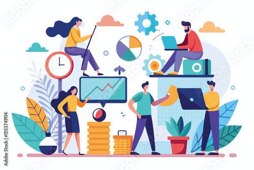 Dynamic teamwork enhances productivity and work efficiency in a colorful office environment with various tasks and technology during a typical workday