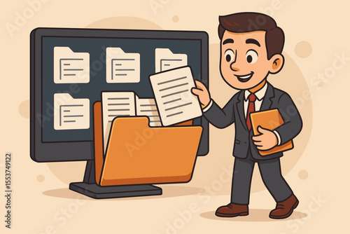 Businessman accessing digital database, managing company files. Cartoon character retrieving documents from cloud storage folder. Concept for data management system, archive. Vector.