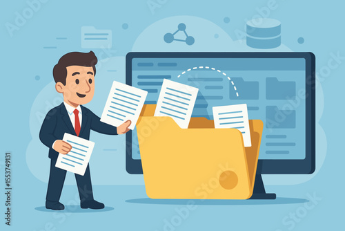 Businessman managing a digital document system. Concept for file management, cloud storage, and online database access. Office worker character archiving company records and information.