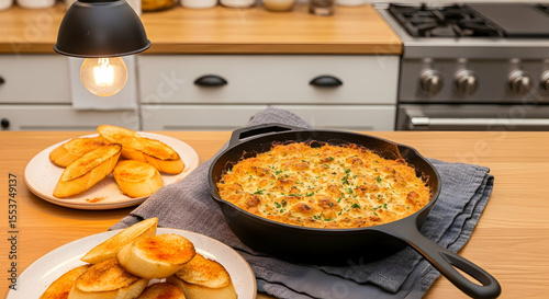 Delicious Hot Crab Dip With Bread On Modern Kitchen Countertop