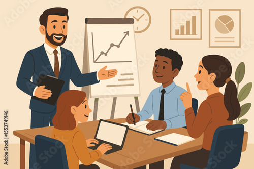 Diverse business team in a corporate meeting. Manager presents a growth chart on a flipboard. Colleagues collaborating, analyzing data, and discussing financial strategy. Teamwork.