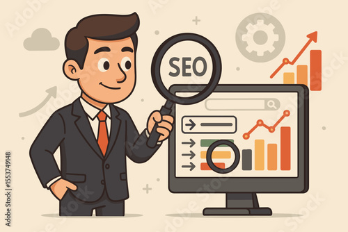 Businessman analyzing SEO performance with a magnifying glass. Digital marketing specialist audits website data on computer. Search engine optimization concept for traffic growth and ranking.