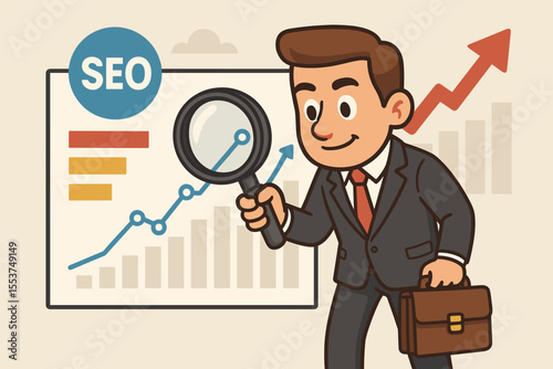 Businessman analyzing SEO ranking with a magnifying glass. Search engine optimization strategy for website traffic growth. Digital marketing concept with data chart. Vector cartoon.