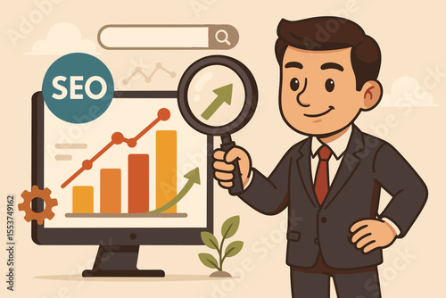 SEO analysis. Businessman with magnifying glass checks search engine optimization. Digital marketing strategy. Traffic growth concept. Man at computer with chart. Business success.