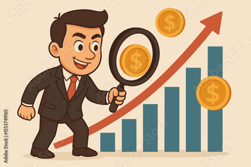 Businessman analyzing investment opportunity with a magnifying glass. Financial growth concept with rising bar chart and dollar coins. Market research for profit and success vector.