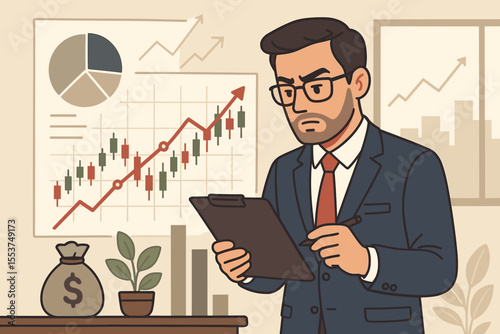Businessman analyzing stock market chart for investment opportunities. Investor, trader or broker studies financial data, economic forecast and growth trends. Finance concept vector.