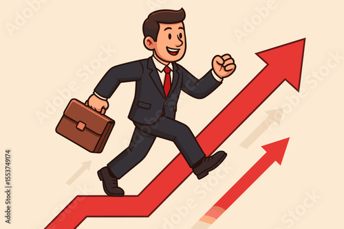 Businessman running up a red arrow chart symbolizing progress, success, and career growth. Vector cartoon illustration of a motivated professional moving forward with ambition.