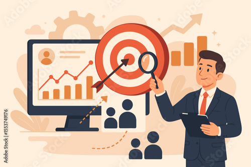Businessman analyzing target audience behavior, developing business strategy, target marketing concept, setting business goals, data analysis, market research, growth planning, vector illustration