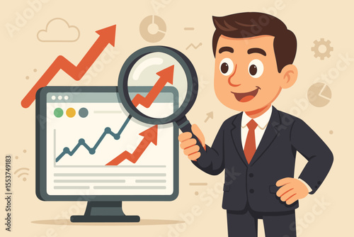 Businessman analyzing business growth graph on computer with magnifying glass. SEO specialist improving search engine optimization for web traffic. Marketing analytics concept vector.