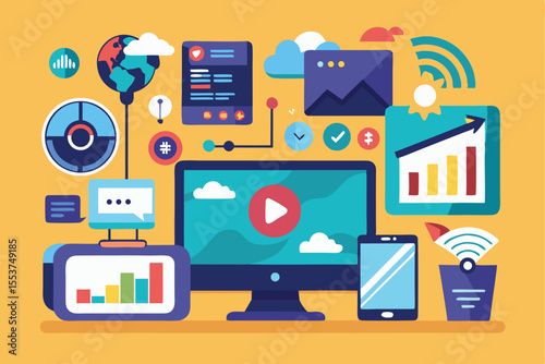 Trending flat illustration showcasing video telecommunications with diverse elements representing global connectivity and digital communication trends in a vibrant setting