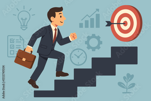 Businessman climbing career ladder stairs to reach a business goal. Project management concept with icons for planning, ideas, time, and growth. Metaphor for success and ambition.
