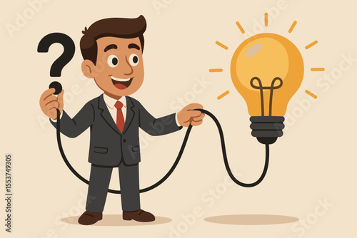 Businessman connecting a question mark to a lightbulb. Concept of problem-solving, finding a solution, creativity, and business innovation. Metaphor for strategy and new ideas. Vector cartoon.