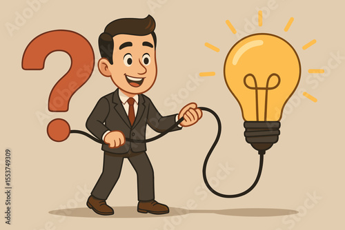 Problem-solving concept with a cartoon businessman connecting a question mark to a lightbulb. Metaphor for innovation, creativity, finding solutions, business strategy, and success.